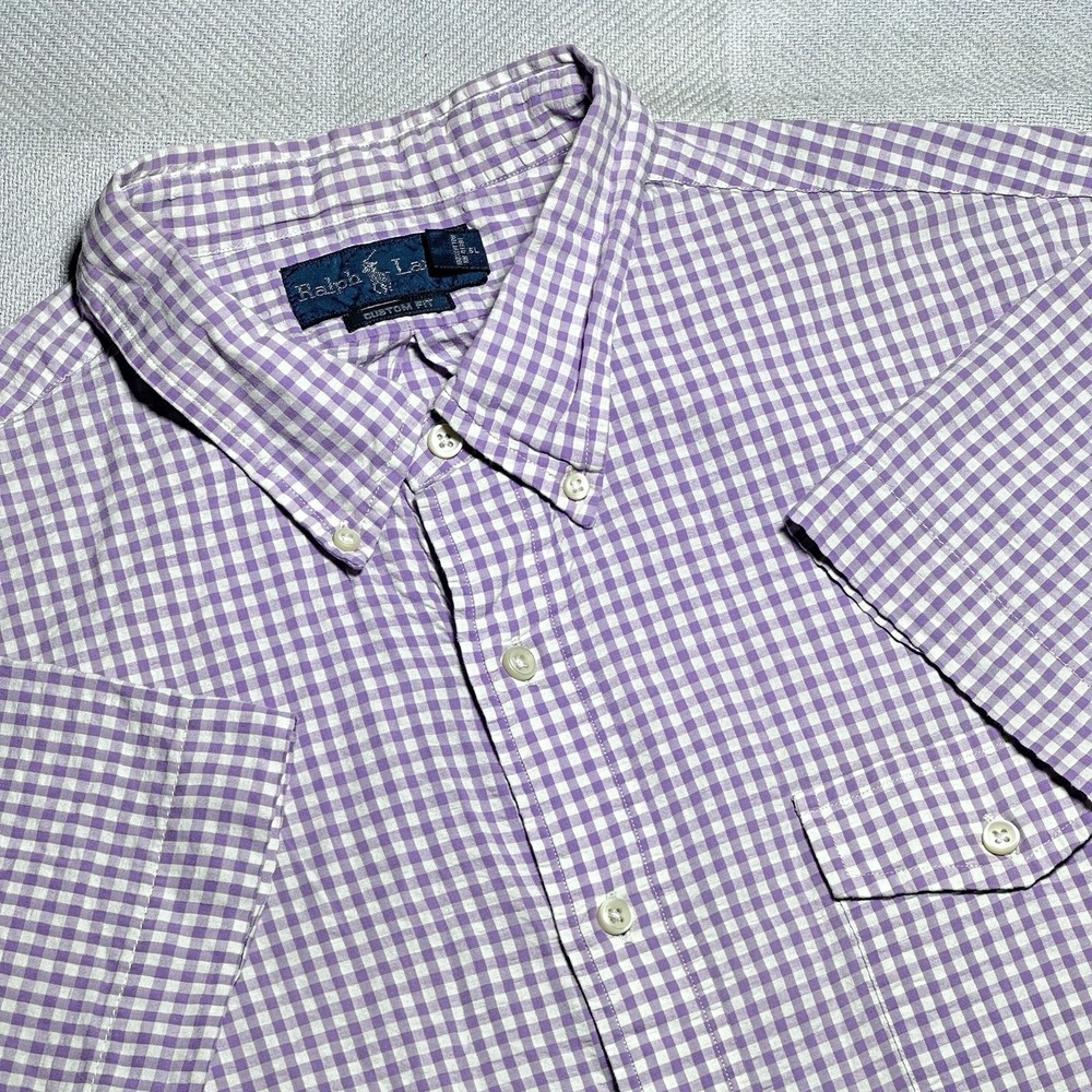 Vintage Polo by Ralph Lauren Button Shirt 2XL Seersucker Purple Gingham Pocket